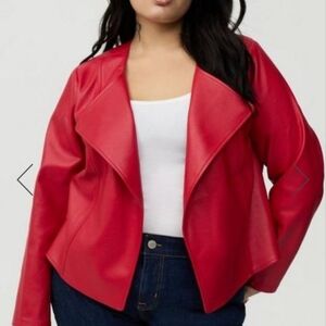 Red Open-Front Faux Leather Jacket